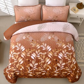 WONGS BEDDING Fall Burnt Orange Quilt Set Queen,Floral Botanical Leaves Printed Bedspread Coverlet Set with 2 Pillowcases,Microfiber Flower Bedding Set for All Season 96"x90"
