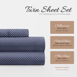 Linen Market Double-Brushed Patterned Microfiber Twin Sheet Set 3 Piece – Oeko-TEX Certified Ultra Soft & Wrinkle-Free - 16" Deep Pocket Sheets - Easy Care Twin Size - My Heart Navy