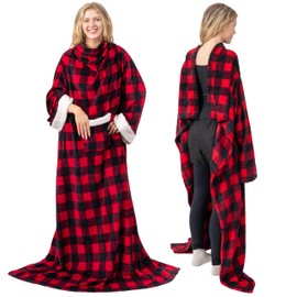 PAVILIA Fleece Blanket with Sleeves for Women Men Adults, Wearable Blanket Warm Soft Plush, Hug Sleep Pod Snuggle Pocket Sleeved TV Throw Wrap, Cozy White Elephant Gifts Ideas Mom Wife, Checkered Red