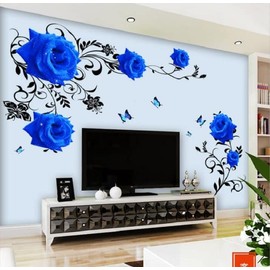 COVPAW Wall Sticker XXL Blue Roses Flowers Tendril Wall Sticker Mural Pictures Living Room Bedroom Decoration