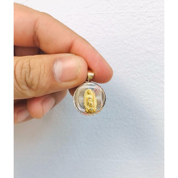 Virgen de Guadalupe Pendant 21x18mm 14K Tri-Color Solid Gold For Women Or Kids.