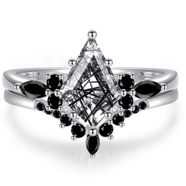 OLIVIASO Kite Cut Black Quartz Rutilated Engagement Ring Set 925 Sterling Silver Rhodium Plated Marquise Cut Black Onyx Wedding Ring Set for Women Size 6
