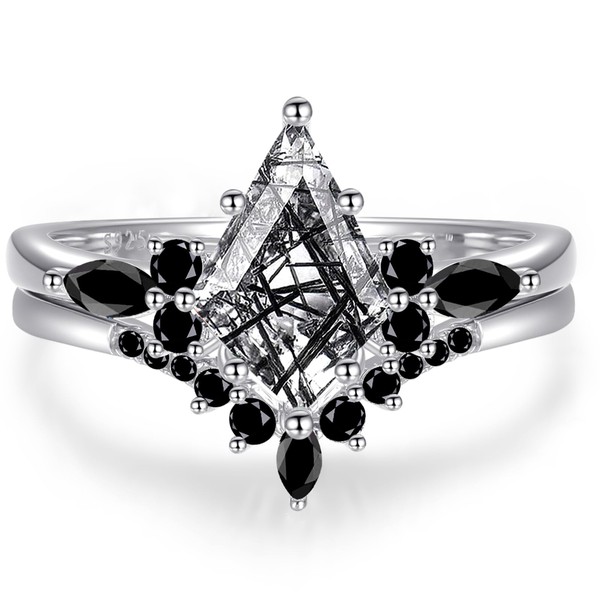 OLIVIASO Kite Cut Black Quartz Rutilated Engagement Ring Set 925