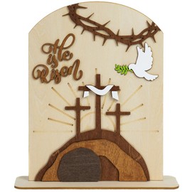 He Is Risen Decor Wooden, Easter Resurrection Scene Empty Tomb, Christian Table Decorations Indoor, Catholic Cross Jesus Religious Easter Gifts Decor For Tiered Tray, Home, Church, Office, Shelf, Desk