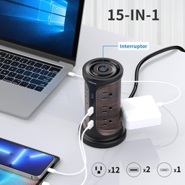 NVEESHOX Regleta Multicontacto, Torre Multicontacto con 12 Tomas de CA y 2 USB-A 1 USB-C, Conector Multiple con Protector de Sobretensión, Extension Electrica de 2M para Casa Oficina