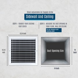 Fits 14x14 Duct Opening Steel Adjustable Air Supply Grille by Handua | Register Vent Cover Grill for Sidewall and Ceiling | White | Outer Dimensions: 15.75" X 15.75"