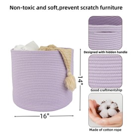 XUANGUO Cotton Rope Basket For Girls Boys Kids 16”X14” Baby Laundry Basket Nursery Bin Round Woven Basket Organizer For Storage Toys Blankets Shoes Clothes purple