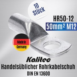 Kalitec HR50-12 Standard Tube Cable Lugs 50 mm² M12 I Without Viewing Hole I Made in Germany Pack of 10
