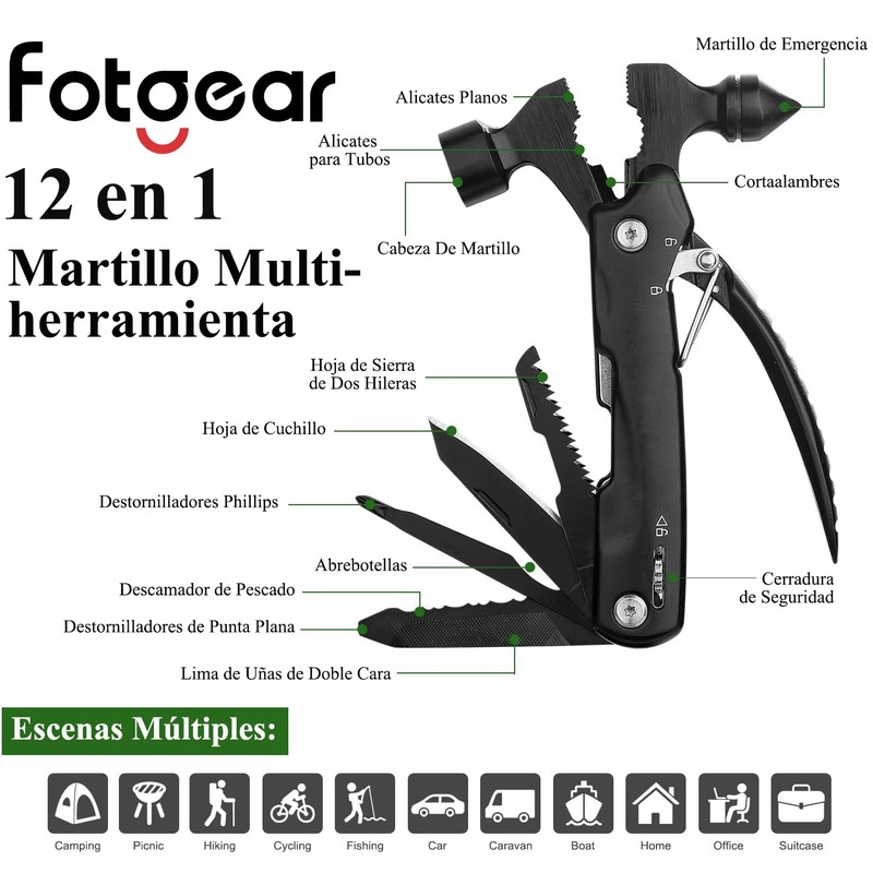 Martillo Multiherramienta|12 en 1 Herramientas Multiusos|Martillo de Seguridad Multiusos de