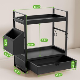 Aollewoiti 2-Tier Bathroom Counter Organizer with Drawer and Basket, Wood Countertop Organizer for Storage, Skincare Organizers for Vanity, Counter Shelf for Bathroom Organization, Black