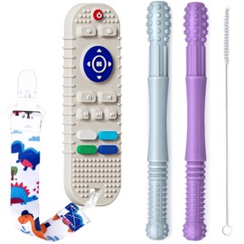 FFTROC Silicone Teething Toys for Babies 3-6 6-12 months, 3 Pack Remote Control Shape and Teether Tube Teething Toys, Chew Toys for Boys Girls, Early Educational Sensor Toys - White