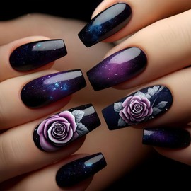 Purple Rose Press on Nails Medium Coffin Shaped False Nails Purple Black Gradient Fake Nails Flower Designs Glitter Acrylic Nails Full Cover Floral Stick on Nails for Women DIY Manicure 24 Pcs