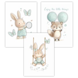 Lumiloup Children's Room Wall Pictures, Forest Animals, Set of 3, DIN A4 (21 x 30 cm), Cute Fox and Rabbit, Mint and Beige, Watercolour Art, Baby Room Decoration, Children's Room Decoration, for