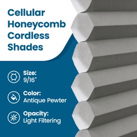 BlindsAvenue Cellular Honeycomb Cordless Shade, 9/16" Single Cell, Light Filtering, Antique Pewter, Size: 68" W x 72" H