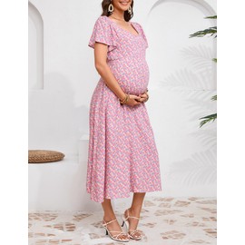 KOJOOIN Women's Maternity Short Sleeve Summer Dress Casual Sweetheart Tie Back Floral Maxi Dress Photoshoot Baby Shower Pink Floral L