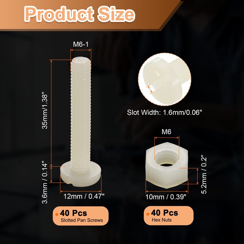 sourcing map 40Sets Nylon Screw Nut Assortment, M6-1x35mm Slotted Pan