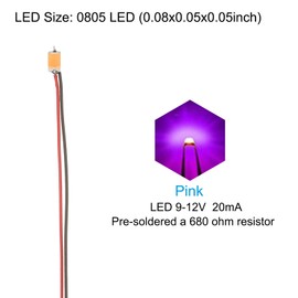 PATIKIL 0805 Pre-Wired Micro LED, 24 Pcs 9-12V Pre-soldered Mini Light Emitting Diodes Surface Mount Device for Model, DIY, 9.8" Length, Pink