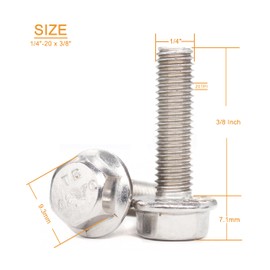 binifiMux 20pcs 1/4"-20 x 3/8" Serrated Flanged Hex Bolts Flange Hexagon Screws, Stainless Steel 18-8 (304), Plain Finish