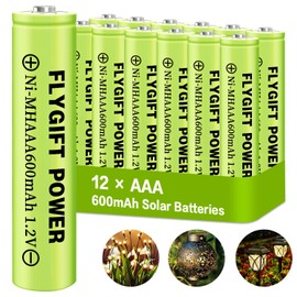 FlyGift AAA Rechargeable Battery, Low Self-Discharge 1.2v Ni-MH Solar Batteries, Pre-Charged Triple A Battery for Solar Pathway Lights, Outdoor Solar Lights (600mAh - 12 pack)