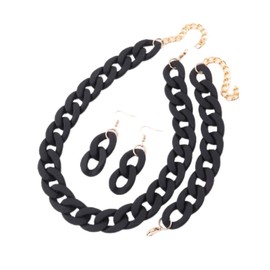 QRH Acrylic Macaron Necklace Bracelet Earrings Set Chunky Cuban Link Hip Hop Chain Jewelry Set Multicolor 70 80S Punk Acrylic Chain Bracelet Necklace Earrings Set Party Costume- Black
