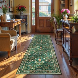 Morebes Washable Boho Runner Rug 2x6, Non Silp Boho Soft Indoor Floor Bathroom Runner Rug, Vintage Botanical Carpet 6ft for Hallway Entryway Laundry Room, Dark Green
