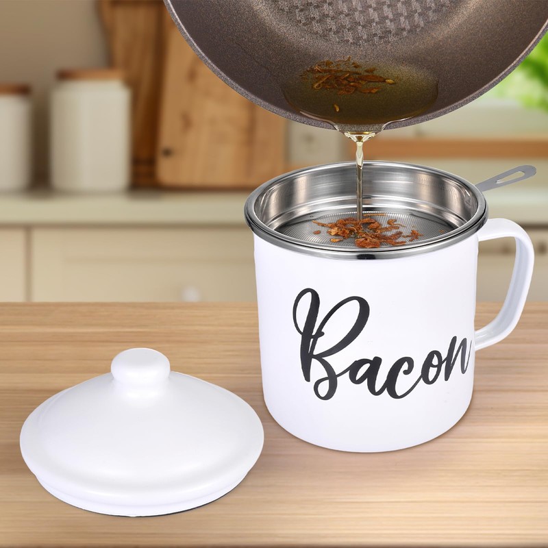 Bacon Grease Saver with Strainer - 15oz Enamel Grease Container,