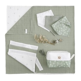 TEOS EMPORIUM 4,3,2,1,GO! - 100% Organic Muslin Cotton | Baby Essentials Set (10 pcs) - Unisex | 4 Burp Cloths, 3 Bibs, 2 Swaddles, 1 Canvas Tote Hand Bag | Suitable For 0-12 Month Baby
