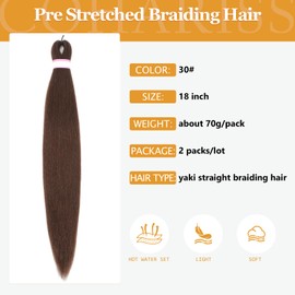 Brown Braiding Hair Pre Stretched 18 Inch 2 Packs 30 Braiding Hair Color Hot Water Setting Braiding Hair Extensions for Braids Yaki Texture Crochet Box Braid(30#,2packs,18inch)