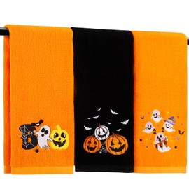 Quera 3 Pack Halloween Hand Towels Ghost Pumpkin Embroidered Premium Luxury Decor Bathroom Decorative Dish Towels Set for Drying, Cleaning, Cooking, Holiday Towels Gift Set （Trick or Treat） (Orange)