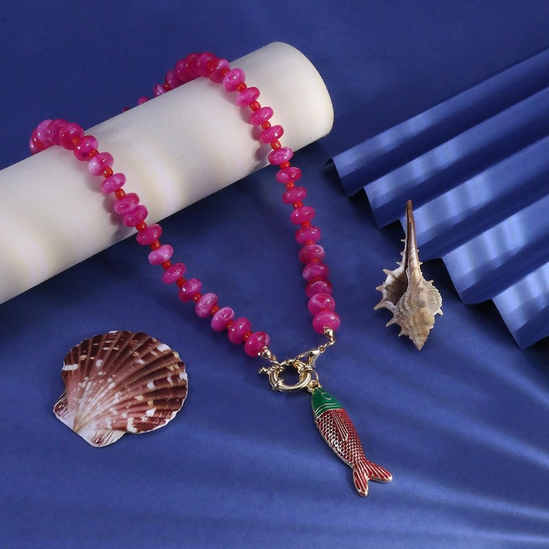 INENIMARTJ Hot Pink Chunky Beaded Fish Pendant Choker Necklace for