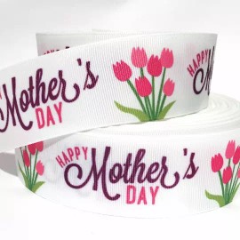 GROSGRAIN RIBBON  5/8", 7/8", 1.5", 3" Happy Mother's Day Tulips Flowers Printed - 5/8"