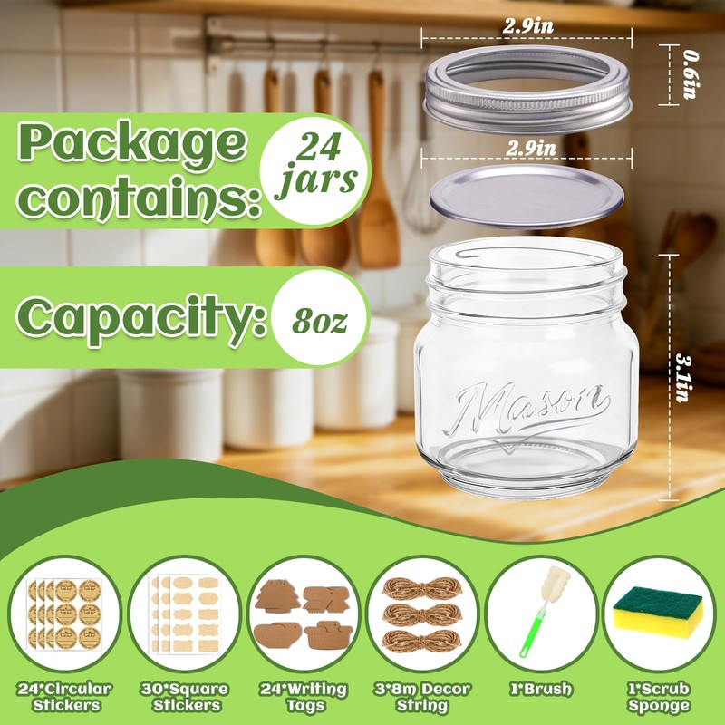 BIGIVACA 8 oz Mason Jars with Lids, 24 Pack Half