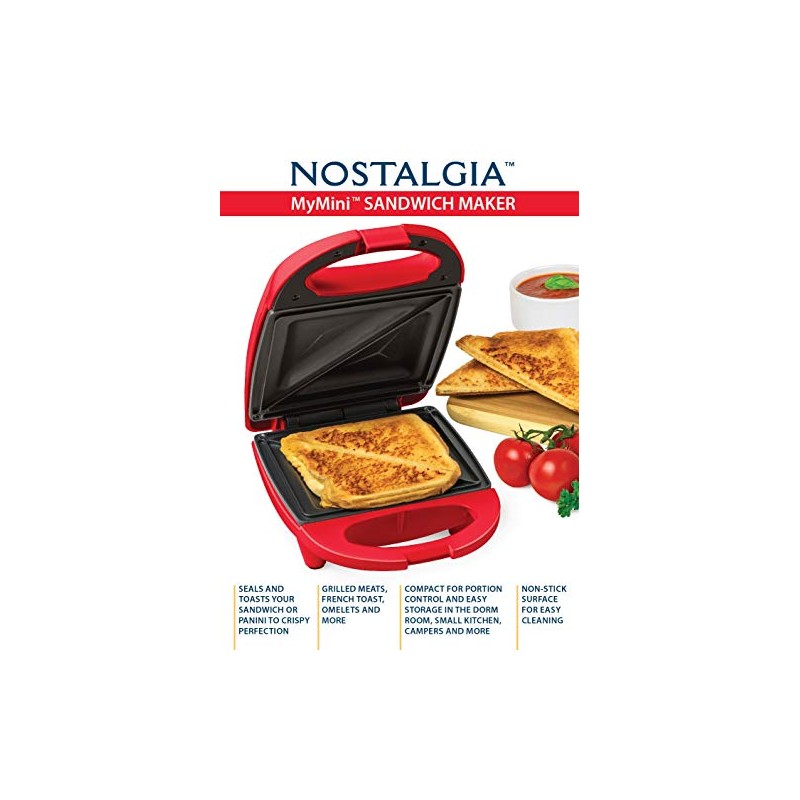 Nostalgia mini sandwich maker toaster compact for portion control seals