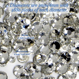Pack of 2880 Nail Crystals Rhinestones, 2 mm/4 mm Flat Back Rhinestones, Silver Round Rhinestones, Flatback Crystal Rhinestones, Decorative Stones Crystal Stones for Nail Art, Scrapbooking