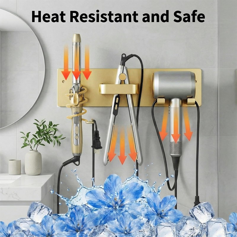 Hair Dryer Holder Hair Tool Organizer Metal Wall Mount (Gold)