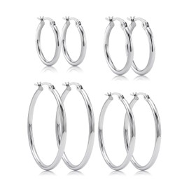 Dystud 4 Pairs Silver Hoop Earrings Set, Hypoallergenic 14K White Gold Plated Hoop Earrings for Sensitive Ears, Lightweight Big Small Huggie Hoop Stacks for Multiple Piercings Jewelry Gifts 15/20/30/40mm