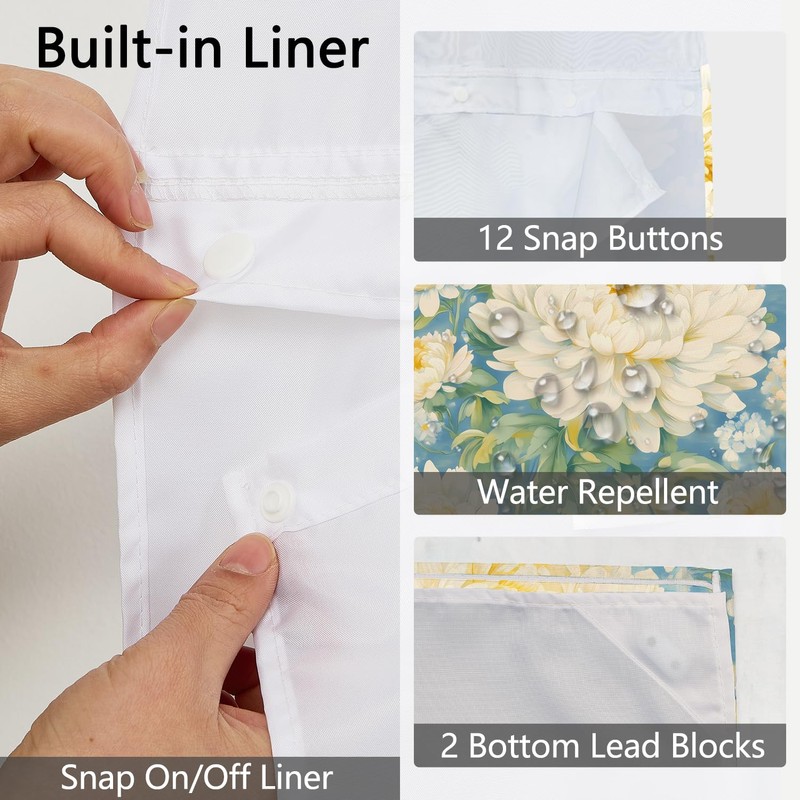 NAEMBCU Watercolor Floral No Hook Shower Curtain with Snap-in Liner