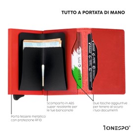 1ONESPO kartenetui damen, Echtes gewachstes Leder, geölt, Rot, MAGNETIC SLIM, Minimalistisch