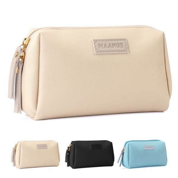MAANGE Small Makeup Bag for Woman Cosmetic Bag with Zipper Travel Makeup Bag of Soft PU Leather Cute Make Up Pouch, beige, 2 x small cosmetic bags