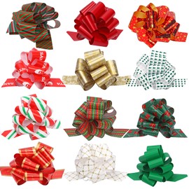 12PCS Gift Pull Bows,Present Wrapping Bows Assorted Colors Wrap Pull Bows with Ribbon,5" Wide PVC Pull Bows for Christmas Presents Gift Wrapping Baskets Wine Bottles Holiday Decoration