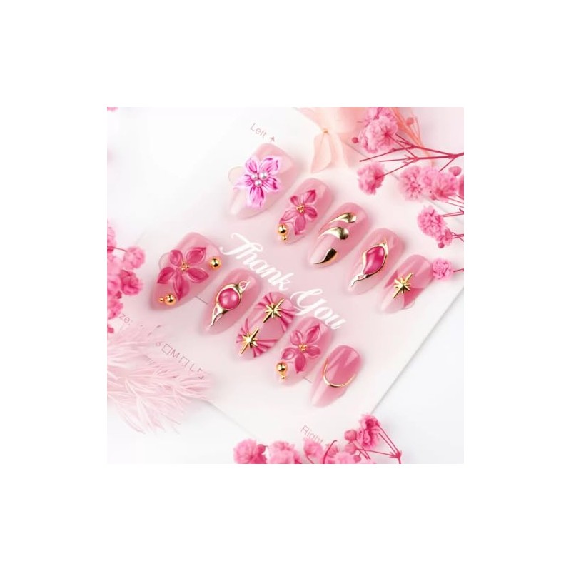 Uñas postizas cortas de acrílico con diseño de flores rosas