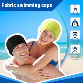 Pack of 3 Elastic Swimming Caps, Comfortable Fabric Swimming Caps, Unisex Swimming Caps, Non-Slip Swimming Caps for Women, Men, Children (Black, Rose Red, Fluorescent Yellow)