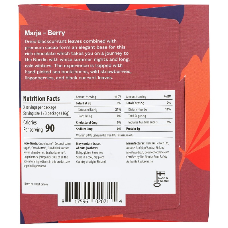 Goodio Chocolate Bar, Berry Nordic 71%, Vegan, Gluten- free, 1.7