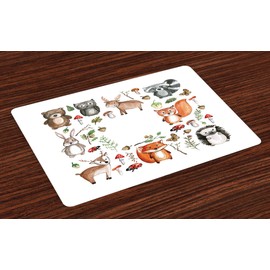 Printawe Cartoon Place Mats Set of 4, Owl Reindeer Beer Hedgehog Ladybug Rabbit Butterfly Walnut Theme, Washable Fabric Placemats for Dining Table, Standard Size, Multicolor