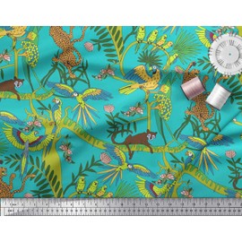 Soimoi Blue Rayon Fabric Branches,Parrot & Leopard Jungle Decor Fabric Printed BTY 42 Inch Wide