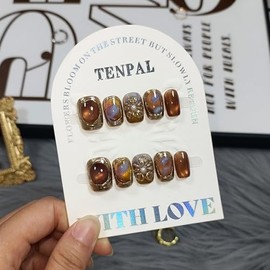 TENPAL Handmade Short Square Press on Nails with Kit,Golden Brown Chrome Hand-Sculpted Toffee Blooms & Gilded Edge Designs Glue on Nails,Glossy Sunset Metallic Cat Eye Fake Nails for Fall Winter(XS)