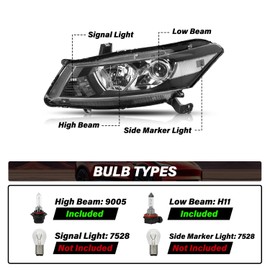 BRYGHT Headlight Assembly Replacement for 2008-2012 Honda Accord Coupe 2-Door OEM Projector Headlamp Black Housing with Amber Reflector (L+R