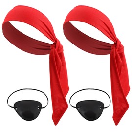 Grevosea 4 Pcs Pirate Costume Accessories, Red Headband and Black Eye Patch Costume Party Supplies for Pirate-Themed Parties Cosplay