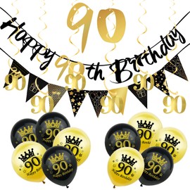 18Pcs Black Gold 90th Birthday Decorations for Him,Men,90th Birthday Banner Triangle Flag Bunting Black Gold Foil 90 Hanging Swirls,90th Birthday Balloons for Men Him Birthday Party Decoration Pack