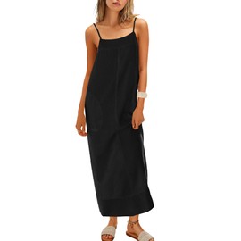 ReachMe Womens Linen Maxi Dress Summer Spaghetti Strap Long Dresses Square Neck Sleeveless Backless Dress with Slit(Black,M)